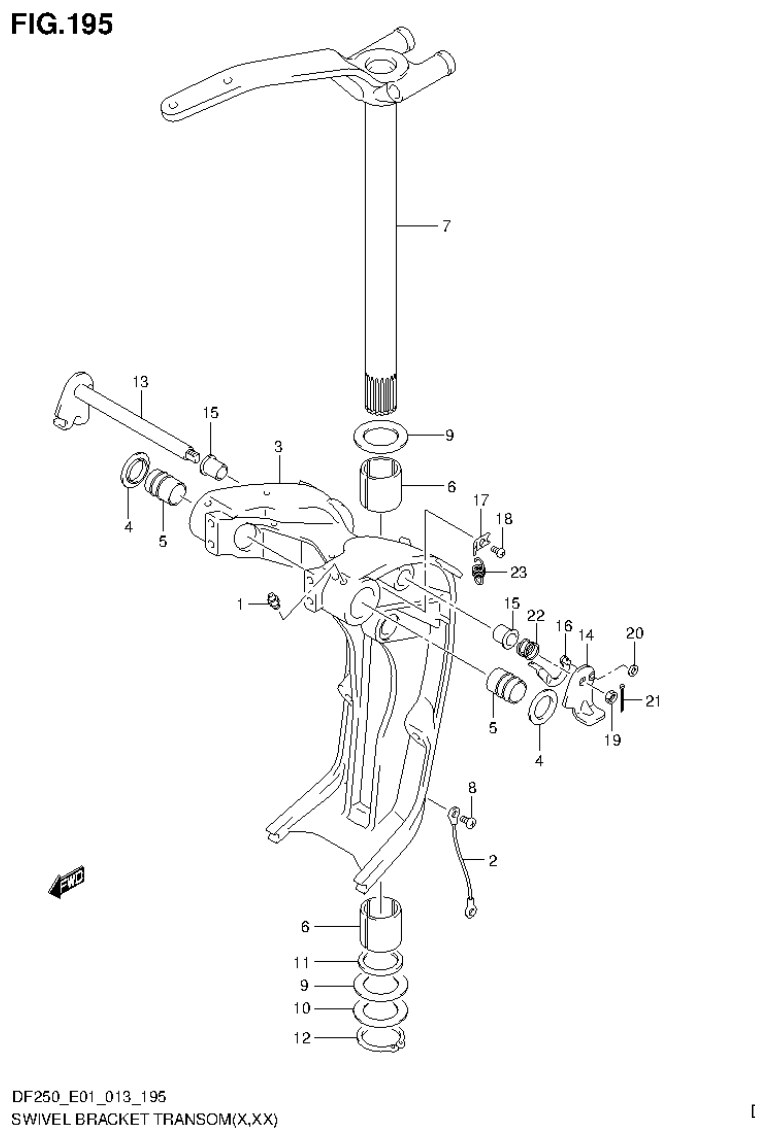Suzuki DF200T, DF200Z, DF225T, DF225Z, DF250T, DF250Z SWIVEL BRACKET TRANSOM(X,XX) (DF200T E1) parts diagram